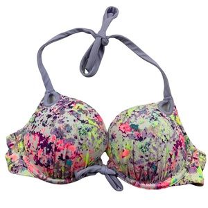 Victorias Secret 32B Paint Splatter Rainbow Underwire Halter Bikini Swim Top